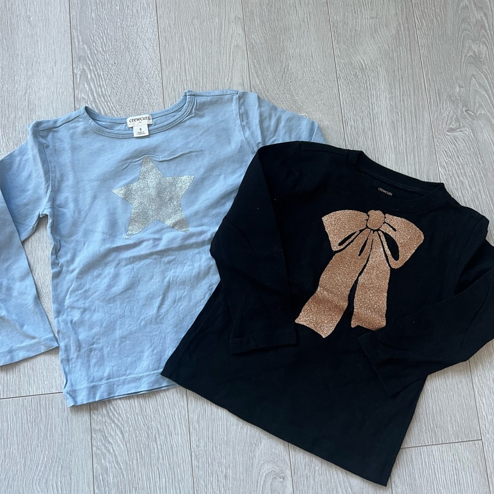 Crewcuts Long Sleeve Tees - Light Blue with Silver Star & Black with Gold Bow